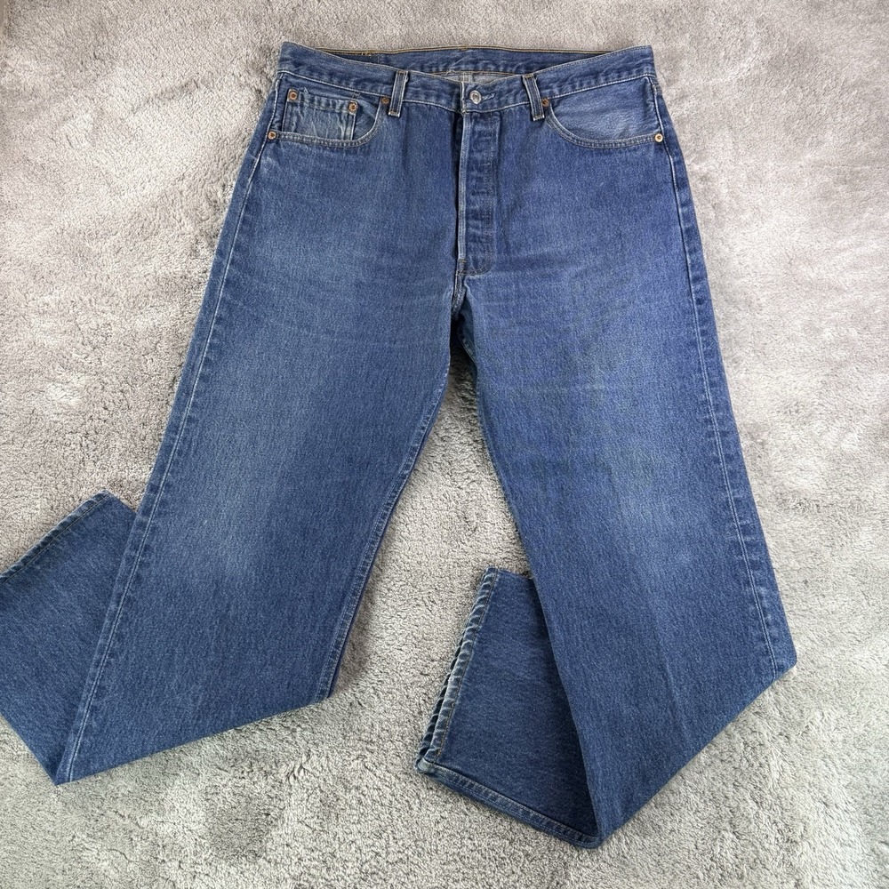 Vtg Levis 501 Jeans Mens 38x32 Blue 90s Button Fly Distressed Denim Made in USA